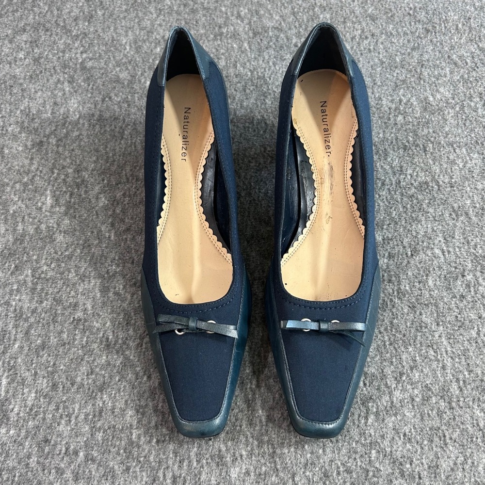 Naturalizer Lavender Navy Blue Leather Fabric Kitten Heels Square Toe Bow 9.5M